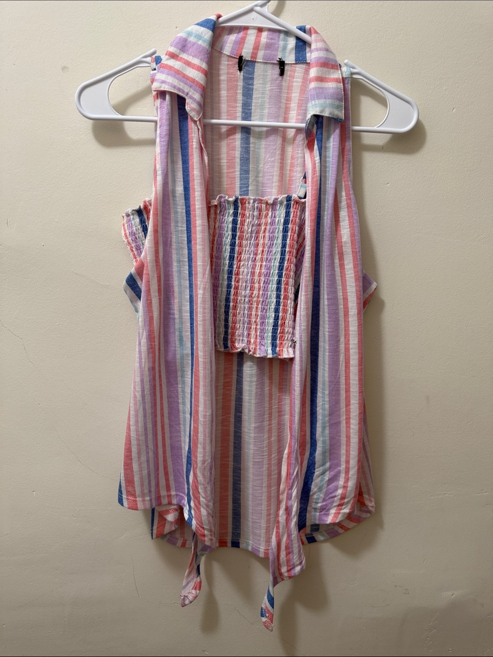 Striped Sleeveless Tie-Front Vest — Pink, Blue & White